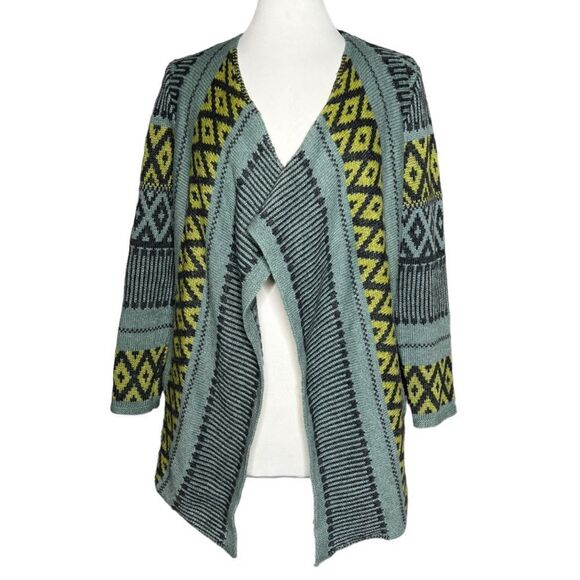 J.JILL Juniper Boho Geometric Aztec Jacquard Knit Draped Front Cardigan Sweater - Picture 1 of 8